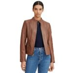 Women's Brown Leather Biker Jacket - Mandarin Collar Style