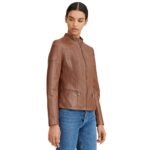 Women's Brown Leather Biker Jacket - Mandarin Collar Style - Image 2