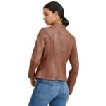 Women's Brown Leather Biker Jacket - Mandarin Collar Style - Image 3