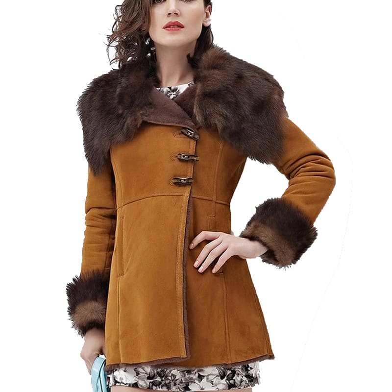 WomensBrownMerinoShearlingSheepskinCoatwithFurCollar Women's Brown Merino Shearling Sheepskin Coat with Fur Collar - Image 1