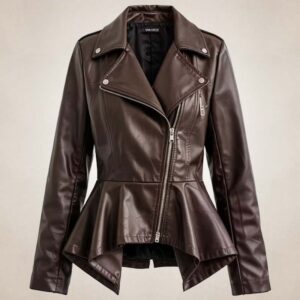 Women?s Brown Peplum Leather Biker Jacket