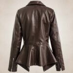 Women’s Brown Peplum Leather Biker Jacket - Image 2