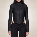 Women’s Corset Style Black Leather Racer Jacket