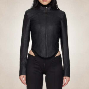 Women?s Corset Style Black Leather Racer Jacket