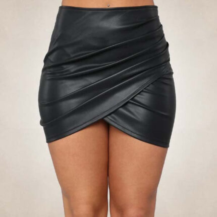 Women’s Genuine Black Leather Mini Skirt with Wrap Detail