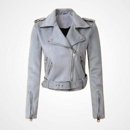Women's Gray Suede Leather Biker Moto Jacket
