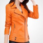 Women’s Orange Sheepskin Leather Moto Jacket - Image 2