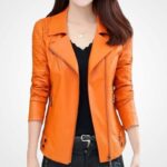 Women’s Orange Sheepskin Leather Moto Jacket - Image 3