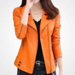 Women’s Orange Sheepskin Leather Moto Jacket - Image 4