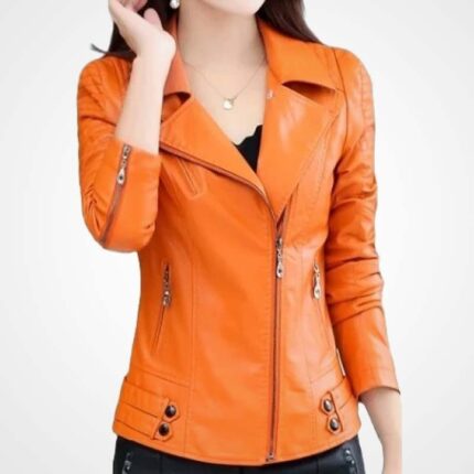 Women’s Orange Sheepskin Leather Moto Jacket