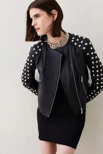 Women’s Punk Black Studded Leather Biker Jacket