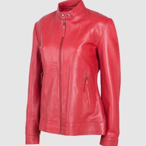 Women's Red Band Collar Biker Leather Jacket