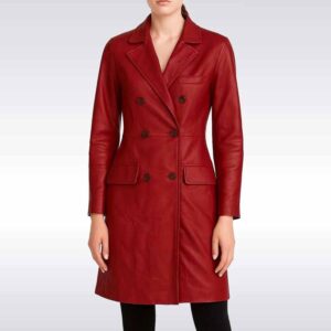 Women?s Red Genuine Leather Trench Coat Long Belted Jacket