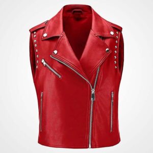 Women's Red Sheepskin Leather Biker Vest with Studded Accents