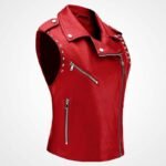 Women's Red Sheepskin Leather Biker Vest with Studded Accents - Image 2