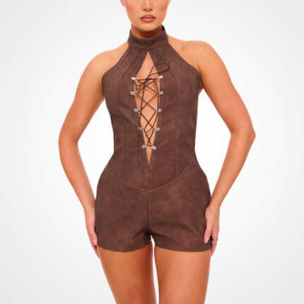Women’s Suede Leather Halter Romper – Spring Summer 2025