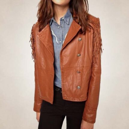 Women’s Vintage Brown Leather Jacket with Fringe Detailing