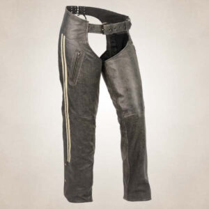 Women?s Vintage Slate Grey Leather Chaps with Racing Stripes
