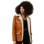 Women's Washed Tan Shearling Western Trucker Coat with White Fur - Image 2