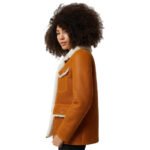 Women's Washed Tan Shearling Western Trucker Coat with White Fur - Image 3