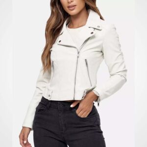 Women's White Lambskin Leather Biker Moto Jacket Custom Fit