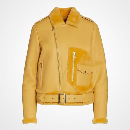Women's Yellow Leather Moto Jacket with Shearling Trim