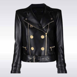 Balmain Style Black Leather Biker Jacket for Women