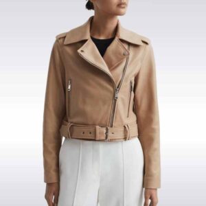Beige Lambskin Leather Biker Jacket for Women
