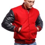 Men's Red Varsity Leather Jacket with Black Sleeves - Image 2