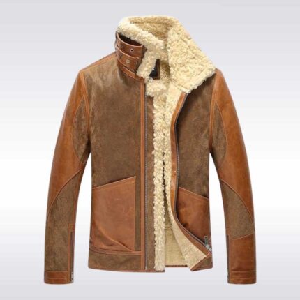Men’s Shearling Leather Aviator Bomber Jacket Coat