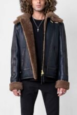 Men's Blue Sheepskin Shearling Leather Jacket - Image 3