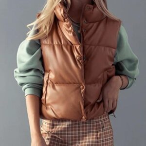 Women's Tan Brown Puffer Leather Vest