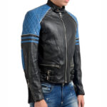 Men’s Quilted Biker Stylish Black and Blue Leather Jacket - Image 2