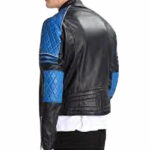 Men’s Quilted Biker Stylish Black and Blue Leather Jacket - Image 3