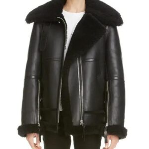 Black Aviator B-3 Sherpa Leather Jacket for Women