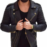 Men’s Black Leather Cafe Racer Quilted Biker Jacket