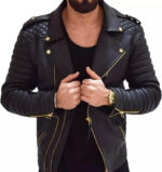 Men’s Black Leather Cafe Racer Quilted Biker Jacket