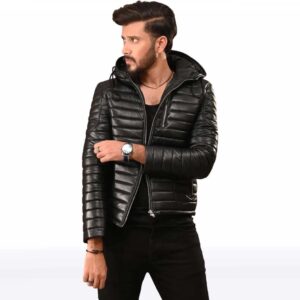 Men?s Black Puffer Leather Biker Jacket with Hood
