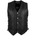 Men’s Motorcycle Biker Black Leather Vest with 10 Pockets