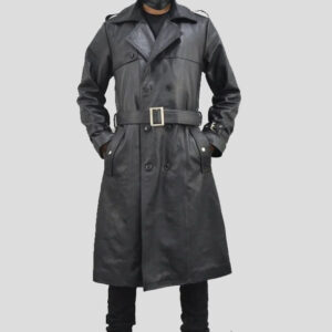 Classic Black Single Breasted Leather Trench Coat for Men