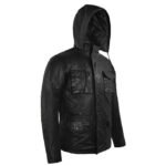 Black Military M-65 Hood Leather Jacket - Image 3