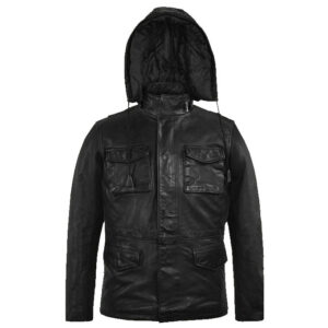 Black Military M-65 Hood Leather Jacket