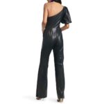 Black One Shoulder Flared Leather Jumpsuit for Women - Image 2