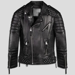 Black Quilted Biker Leather Motorcycle Jacket For Men