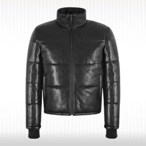 Black Real Leather Puffer Jacket - Short Padded Warm Winter Jacket
