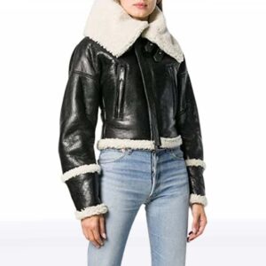 Black Shearling B3 Leather Jacket for Women with Oversized Collar