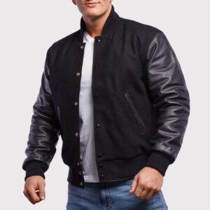 Classic Black Wool Body & Leather Sleeves Letterman Jacket