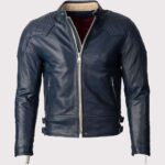 Blue Motorcycle Leather Jacket for Men - Gold Top - Image 2