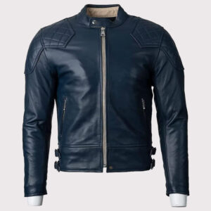 Blue Motorcycle Leather Jacket for Men - Gold Top