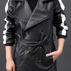 Boys Waist Belt Double Breast Long Black Leather Trench Jacket